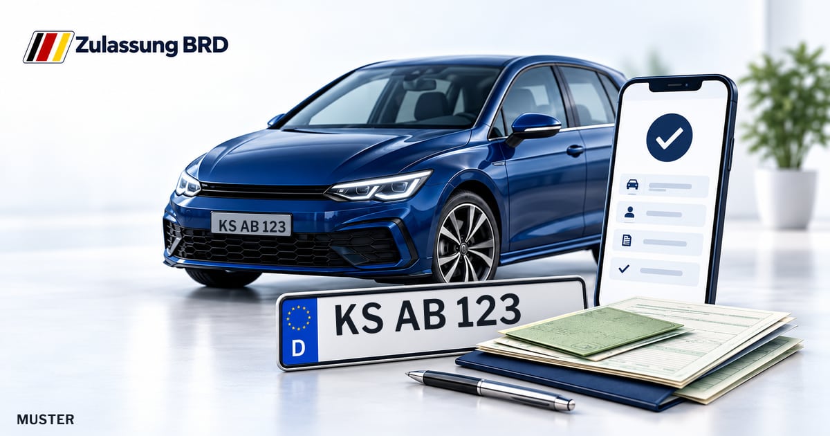 Online Fahrzeugzulassung in Helsa: Musterkennzeichen KS AB 123, Auto und Fahrzeugpapiere und Smartphone. Illustration mit Logo von Zulassung BRD.